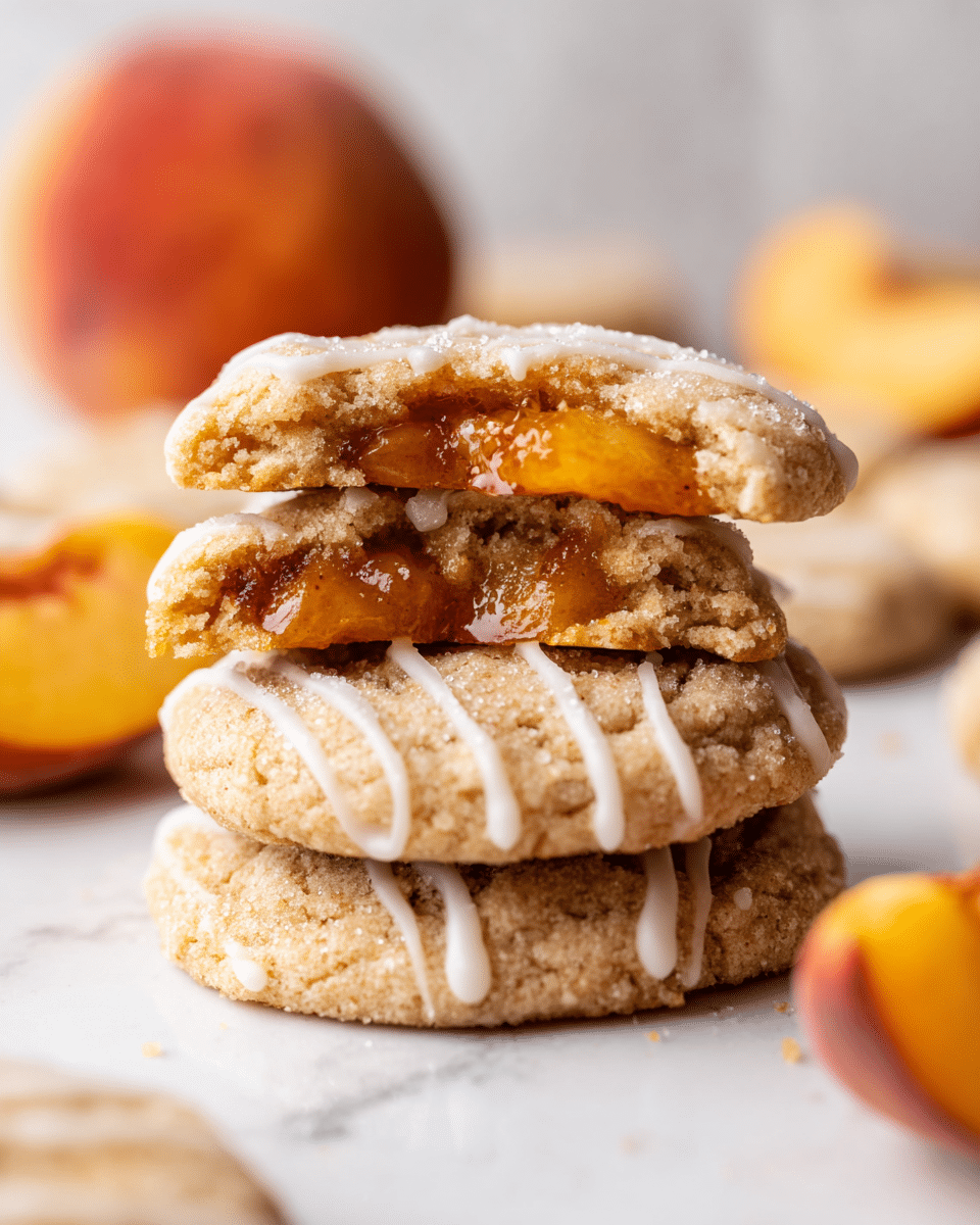A stack of soft, light brown cookies with sugar crystals on top sits on a white marbled surface. The top cookie is broken in half, showing a gooey, amber-colored peach filling with small chunks inside. White icing stripes run across the top of each cookie, adding a smooth texture and bright contrast to the crumbly cookie dough. In the blurred background, whole and sliced peaches add a warm orange-red color that complements the cookies. photo taken with an iphone --ar 4:5 --v 7