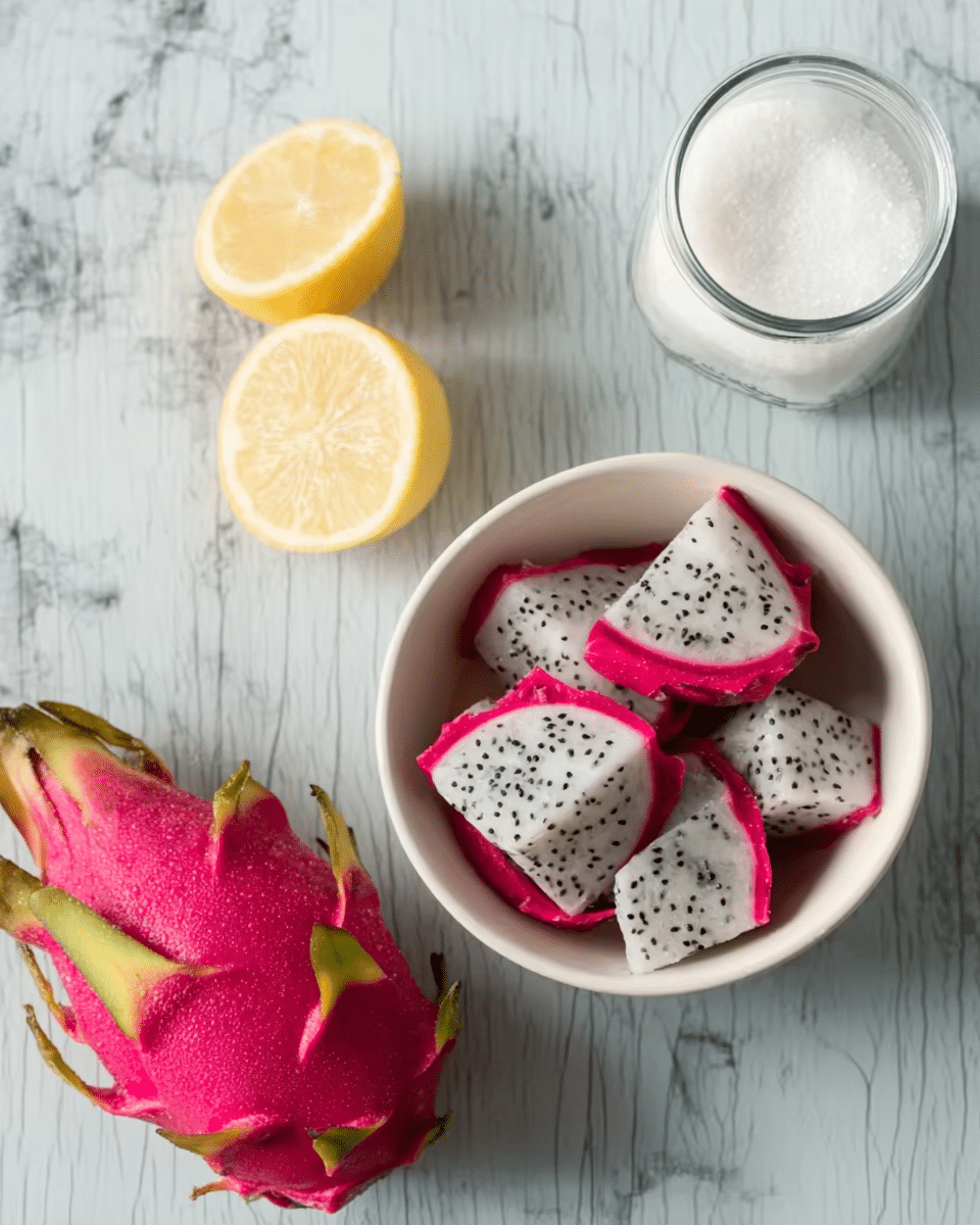 The image shows a white bowl filled with several pieces of white dragon fruit with black seeds, some with bright pink skin still attached, placed near the top right part of the bowl. To the left of the bowl, a whole pink dragon fruit is lying on a white marbled surface, with its green tips visible. Above the bowl, there is a glass jar filled with white sugar, and next to it, two lemon halves are placed side by side with the cut sides facing up. Photo taken with an iphone --ar 4:5 --v 7