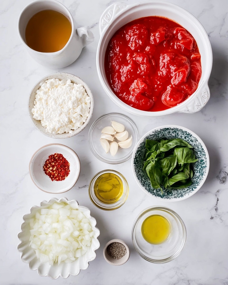 A top view of various cooking ingredients neatly arranged on a white marbled surface, including a large white bowl filled with bright red peeled tomatoes in thick sauce at the top right, to the left a white cup with a handle containing a light brown liquid, below it a small white bowl with red chili flakes. At the bottom-left corner, there is a white scalloped bowl filled with chopped white onions, next to a clear glass bowl with white cottage cheese. To the right, a small white bowl with chopped fresh green basil leaves, above it a patterned bowl with thinly sliced garlic. Next to the garlic bowl, small containers hold white coarse salt, pale yellow oil, and ground black pepper. photo taken with an iphone --ar 4:5 --v 7