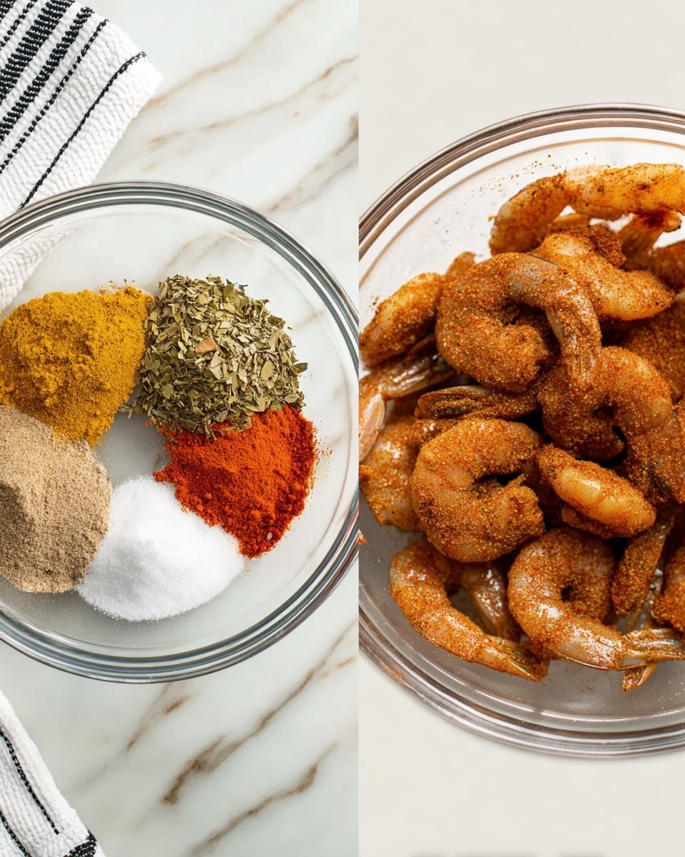 The image shows two clear glass bowls on a white marbled surface. The left bowl contains five different spices arranged in separate small piles: a yellow-brown powder, green dried leaves, orange powder, bright red powder, and white salt with dark brown powder next to it. The right bowl is filled with many raw shrimp coated evenly with a reddish-brown spice mix, showing a rough and grainy texture. A white and black striped cloth is partly visible near the top left corner of the right bowl. Photo taken with an iphone --ar 4:5 --v 7