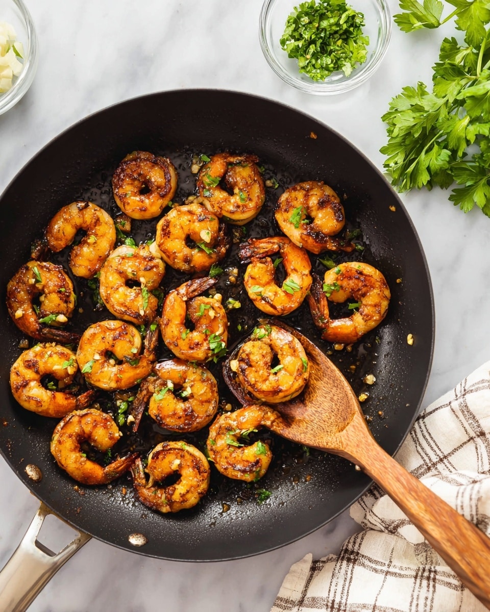 The image shows a black frying pan filled with about twenty cooked shrimp. The shrimp are golden brown with dark grill marks and are arranged in a mostly even layer, some slightly overlapping. Small pieces of green herbs and tiny white bits of garlic sit on top of many shrimp, adding texture and color contrast. A wooden spoon with a long handle rests inside the pan, holding a few shrimp, angled from the left side across the pan. The pan sits on a white marbled surface with a sprig of fresh parsley, a small white bowl of chopped herbs, and a glass mixing bowl nearby, along with a white and gray checkered cloth partially in the bottom right corner. Photo taken with an iphone --ar 4:5 --v 7
