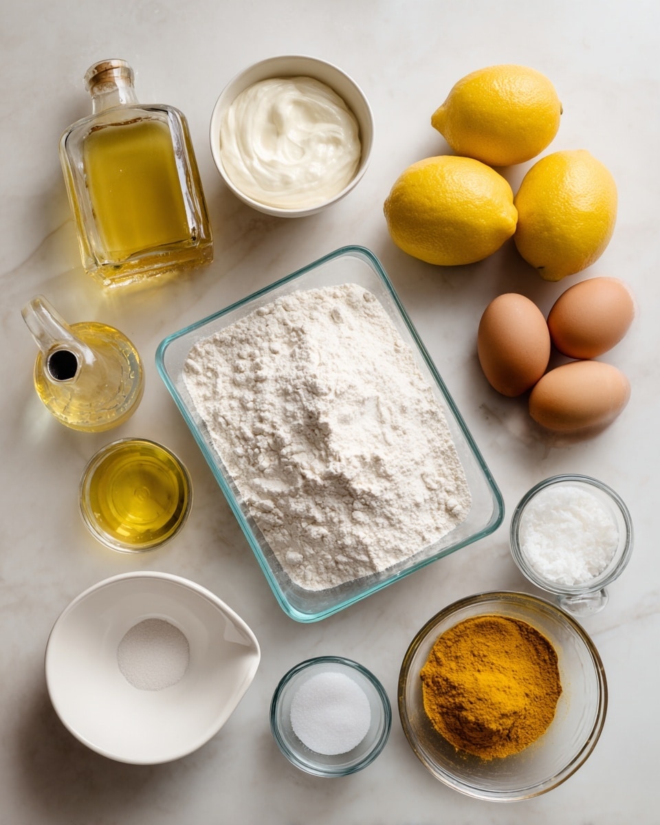 The image shows various baking ingredients arranged neatly on a white marbled surface. At the center is a clear rectangular container filled with white all-purpose flour. Above it, a cup with off-white sour cream sits next to two bright yellow lemons. To the right side, a small clear round bowl holds three brown eggs, and near them is a glass jar filled with golden yellow turmeric powder. On the bottom left, a white measuring cup is filled with white sugar, beside it is a glass measuring jug with light yellow neutral oil. On the left side, there is a clear bottle labeled lemon extract, and above it, a white curved dish holds white baking soda and salt. The overall setup is bright and clean, with ingredients spread out clearly, photo taken with an iphone --ar 4:5 --v 7