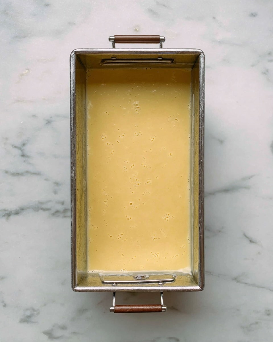 A single rectangular metal baking pan filled with smooth, pale yellow batter inside. The batter covers the entire bottom and is evenly spread with a few small bubbles on the surface. The pan is held together with two metal clips on the longer sides. It sits on a white marbled surface. photo taken with an iphone --ar 4:5 --v 7