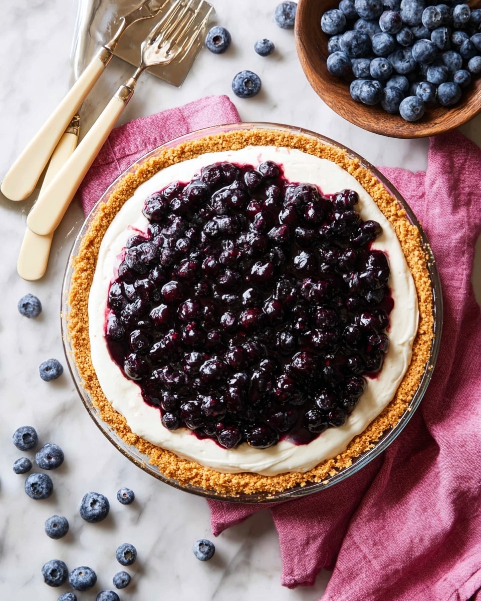 A round dessert with three layers is shown from above on a white marbled surface: the bottom layer is a thick, crumbly golden brown crust, topped with a smooth, creamy white layer spread evenly, and finished with a glossy, deep purple layer of whole blueberries mixed in a shiny syrup. Fresh blueberries are scattered around the dessert, which sits in a clear glass dish placed on a pink cloth napkin. Two beige-handled forks lie together near the top left, and a rustic wooden bowl filled with blueberries is at the upper right. Photo taken with an iphone --ar 4:5 --v 7