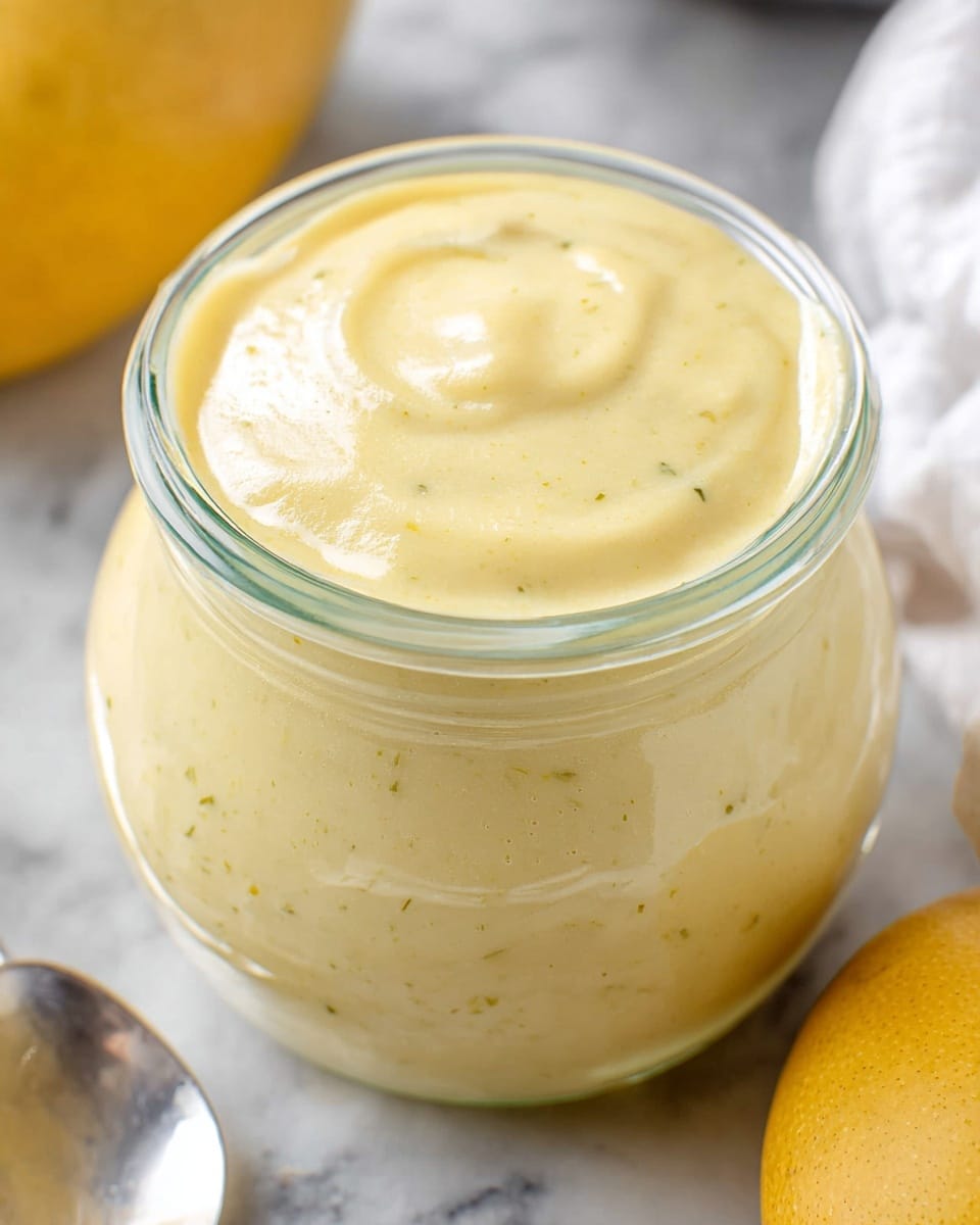 A close-up view of a clear glass jar filled with a thick, creamy sauce that is light yellow with slight green flecks, giving it a smooth texture on top. The jar is placed on a white marbled surface, with parts of two whole yellow mangoes visible on the right side. In the blurred background, there is a hint of a white cloth and a silver spoon on the left. The scene is brightly lit, showcasing the sauce's rich and velvety consistency. photo taken with an iphone --ar 4:5 --v 7