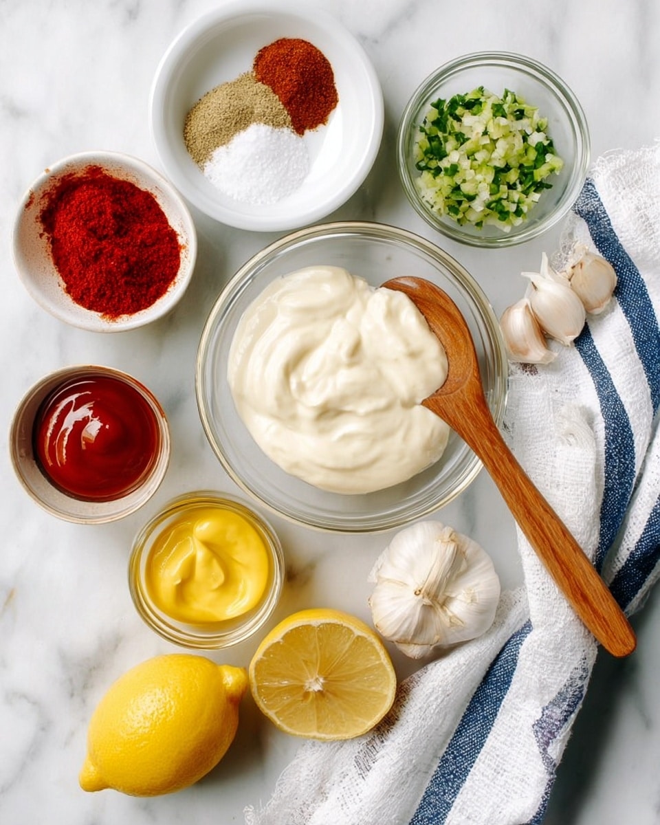 The image shows several ingredients arranged on a white marbled surface. In the center-right, there is a clear glass bowl with a creamy white sauce and a wooden spoon resting inside it. Above it, a small white bowl holds some brown spices with a white powder next to it. To the left of the creamy sauce, there is a small white bowl filled with bright red paprika powder and above that, a clear glass bowl with chopped green herbs or vegetables. Below the creamy sauce, a white bowl contains yellow mustard sauce. Two halves of a bright yellow lemon are placed near the bottom center, with two whole garlic cloves next to them. A small clear bowl with red chili sauce is near the bottom left. A white cloth with blue stripes lays under the mustard bowl. Photo taken with an iphone --ar 4:5 --v 7