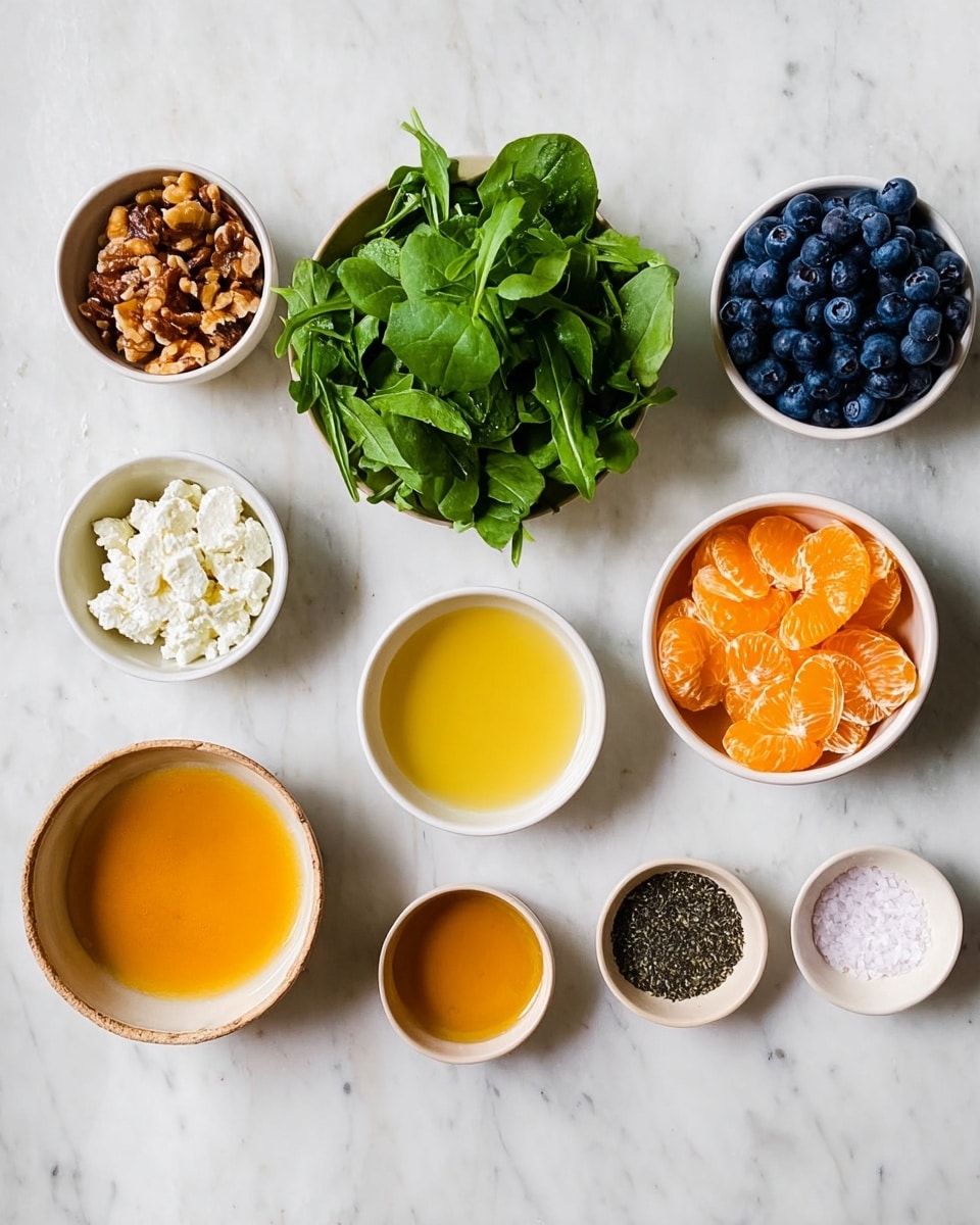 The image shows an overhead view of several small white bowls arranged on a white marbled surface, each bowl containing different fresh and colorful ingredients. One bowl is filled with bright green leafy greens, placed near the center left. To its right, a bowl holds deep blue blueberries, and next to that is a bowl filled with bright orange mandarin slices. Above these, there is a bowl with white crumbled cheese and another with a golden yellow liquid. Below these are two more bowls, one with a light yellow liquid and another with an amber-colored sauce. On the far left, there is a bowl of brown nuts or seeds, and on the far right, a small bowl with coarse salt and black pepper. The composition emphasizes fresh, natural ingredients with a clean, bright setting. photo taken with an iphone --ar 4:5 --v 7