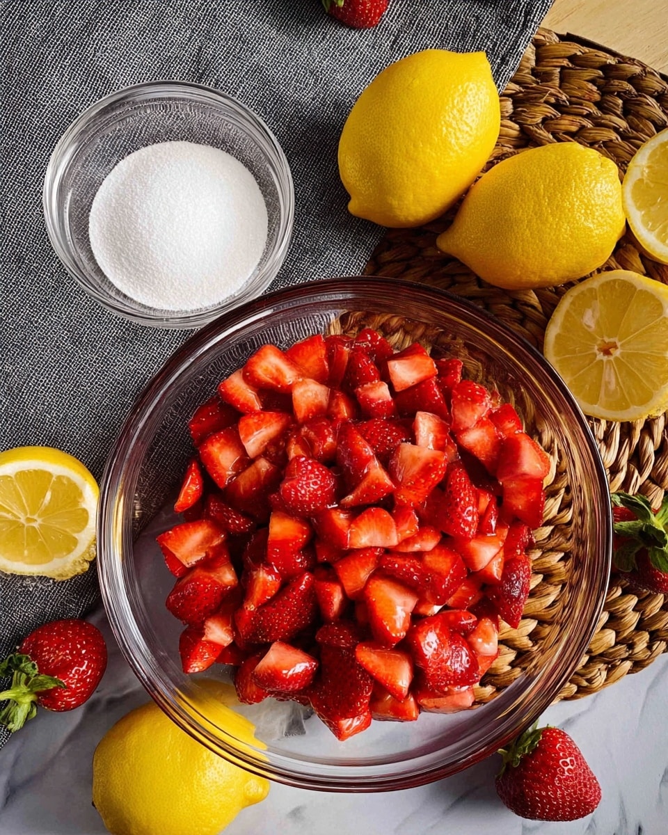 A clear glass bowl filled with bright red, chopped strawberries takes center stage on a white marbled surface. To the left, a smaller clear glass bowl contains a fine white powder, likely sugar. Around the bowls, several whole lemons and lemon halves show their bright yellow color and smooth texture, while a few whole strawberries with green tops complete the arrangement. The background has a gray textured cloth beneath part of the bowls and fruits, and a woven brown mat partially visible under the sugar bowl. Photo taken with an iphone --ar 4:5 --v 7