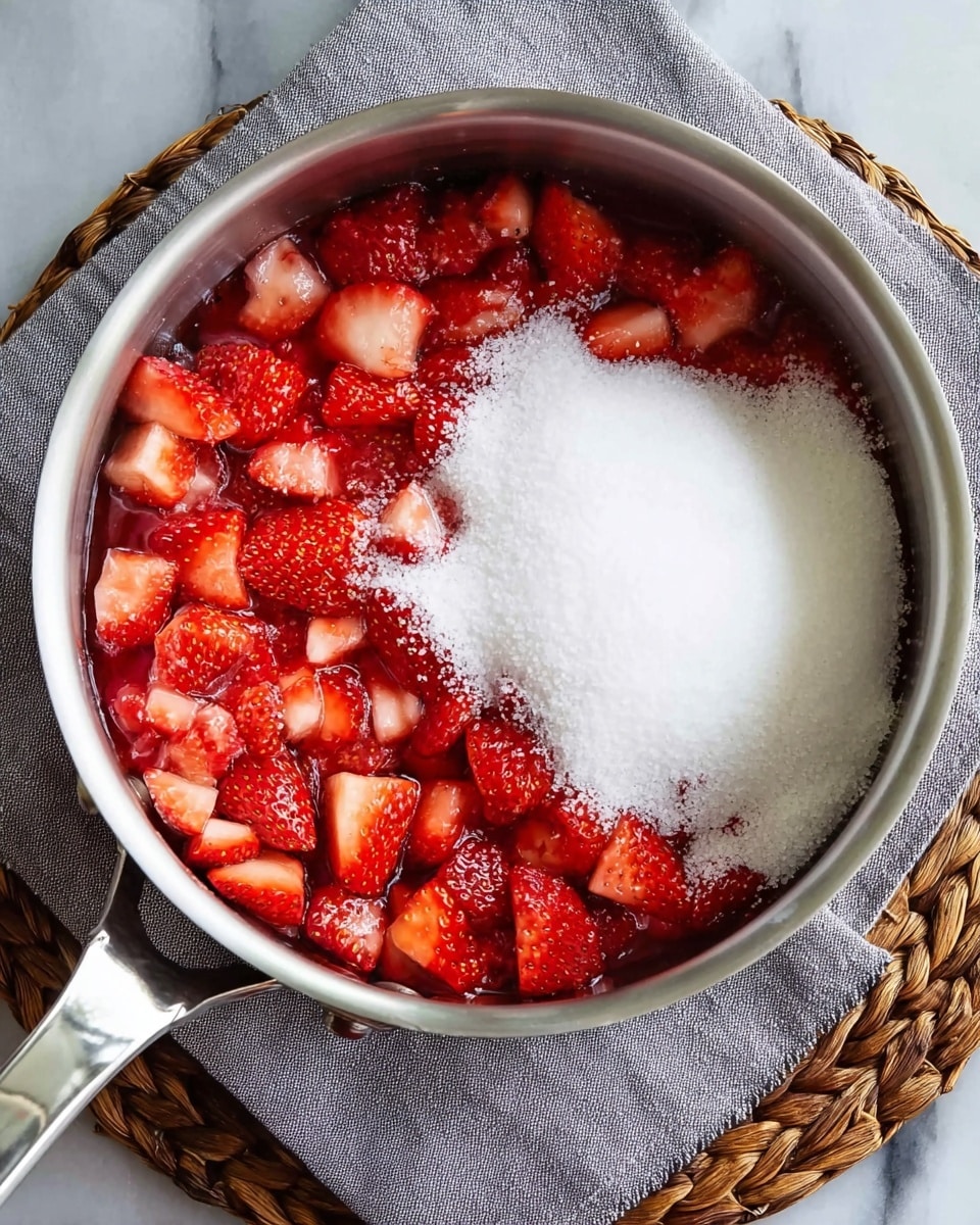 A silver saucepan filled with two main layers inside; the bottom layer has bright red, chopped strawberries with a juicy and slightly glossy texture, while the top layer is a large mound of white granulated sugar partially covering the strawberries. The pan rests on a gray cloth placed on a white marbled surface with a woven round mat partly visible underneath. photo taken with an iphone --ar 4:5 --v 7