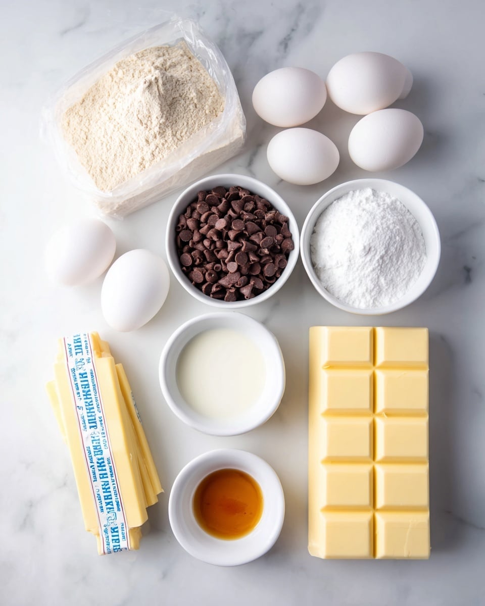 The image shows a neat arrangement of baking ingredients on a white marbled surface. At the top, there is a clear plastic bag filled with white flour. Below it, two small white bowls sit side by side, one filled with dark brown chocolate chips and the other with white powdered sugar. Surrounding these bowls are four white eggs positioned in two pairs on each side. In the center, there is a small white bowl filled with milk, and nearby a small white square dish with a golden brown liquid, likely vanilla extract. Two sticks of pale yellow butter wrapped in paper labeled