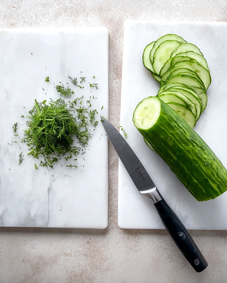The image shows two white marbled cutting boards. On the left board, there is a small pile of finely chopped green dill next to a knife with a black handle pointing diagonally towards the bottom right. On the right board, a partially sliced cucumber is placed with thin, even cucumber rounds fanned out above the larger cucumber piece; a knife with a black handle lies beside the cucumber with the blade pointing upwards. Photo taken with an iphone --ar 4:5 --v 7