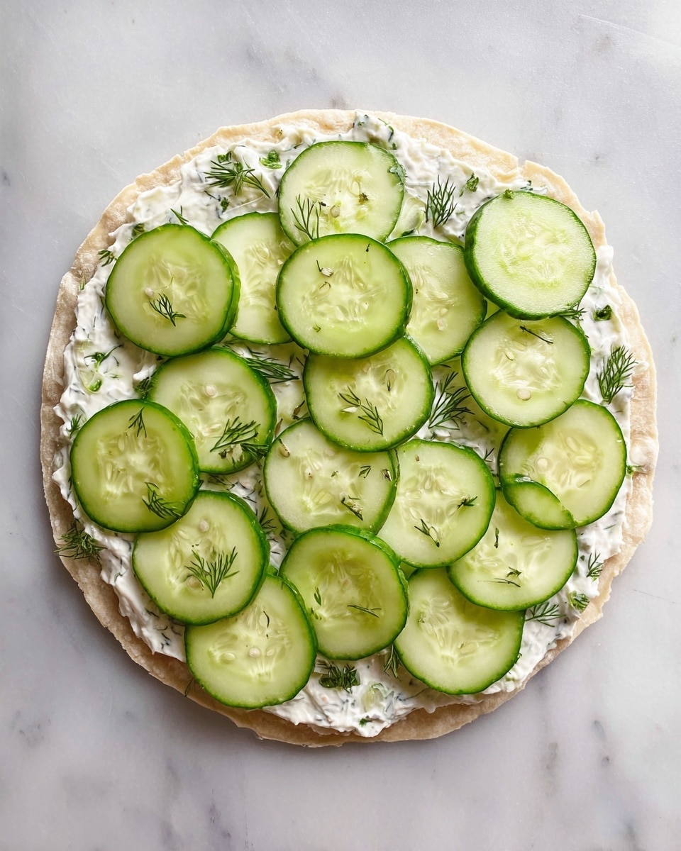 A round flat tortilla or wrap on a white marbled surface is spread evenly with a creamy white layer mixed with small green dill pieces. On top, there are two rows of fresh cucumber slices, bright green with pale centers showing seeds, arranged in a neat circular pattern covering most of the spread. The edges of the wrap are visible with slight unevenness in the spread. Photo taken with an iphone --ar 4:5 --v 7