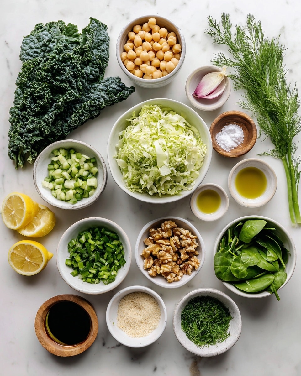 The image shows many small white bowls and a few loose leaves on a white marbled surface, each filled with different fresh ingredients. There is a pile of dark green kale leaves on the left, next to a medium white bowl with pale green chopped green cabbage that looks crisp. Near the cabbage, there is a small white bowl with light green chopped cucumbers, another small white bowl filled with chopped green onions, and a small white bowl holding fresh bright green basil leaves. Below those, another white bowl contains fresh baby spinach leaves, and next to it is a small white bowl with beige nutritional yeast powder. A small white bowl holds roughly chopped walnuts that are light brown, with a small bowl of lemon juice, showing two bright yellow lemon halves next to it. A small wooden bowl contains salt with a pink shallot close by. There are also chickpeas in a small wooden bowl, and two small white bowls with olive oil (golden yellow) and apple cider vinegar (dark amber). Two small white bowls hold fresh dill and dried chives in light green shades. The whole setup sits neatly on the white marbled surface, with clear labels showing each ingredient. Photo taken with an iphone --ar 4:5 --v 7