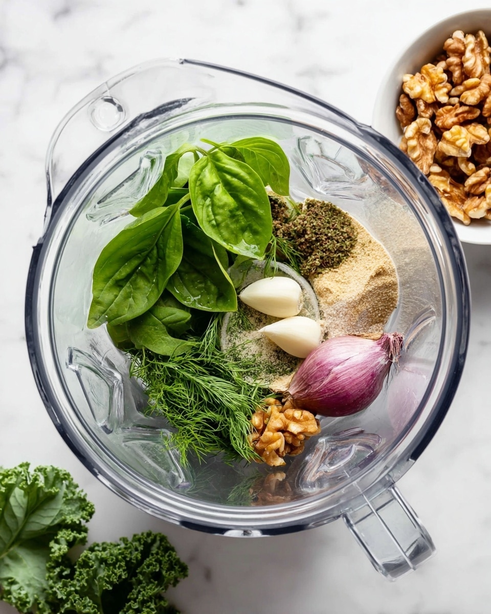 Inside a clear blender jar placed on a white marbled surface, there are several layers of ingredients. On the left side, fresh green basil leaves are stacked, soft and leafy with a bright green color. Below the basil, some dill and three whole white garlic cloves rest, adding texture with their smooth skins. Towards the bottom right, a small pile of golden-brown walnuts sits alongside a halved red shallot showing a light purple inside. Near the shallot, there is a small amount of beige powder and some coarse salt sprinkled on top. To the right side, a white bowl filled with more walnuts is visible on the same white marbled surface, and there are green kale leaves placed at the bottom left corner of the frame. photo taken with an iphone --ar 4:5 --v 7