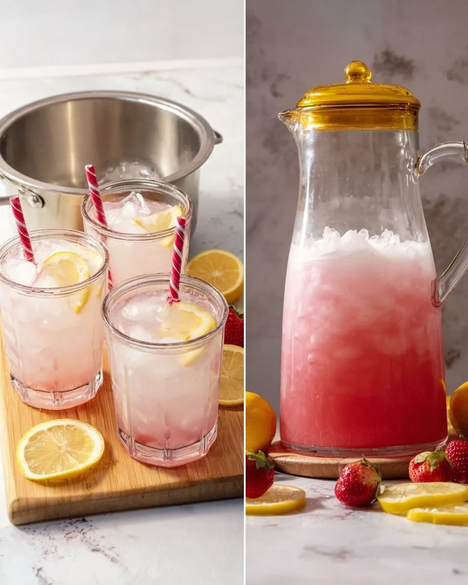 The image on the right shows a clear glass pitcher filled with pink drink and ice, topped with a gold lid and yellow handle. In front of the pitcher are three short glasses, each filled with pink liquid and ice, garnished with slices of lemon inside the glass, and red-and-white striped straws. The glasses and pitcher sit on a light wooden board placed on a white marbled surface. Around the board, there are scattered lemon slices and some strawberries nearby. The background is light and softly lit. Photo taken with an iphone --ar 4:5 --v 7