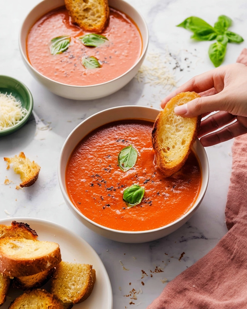 Two white bowls filled with bright red tomato soup, garnished with small green basil leaves floating on the surface. Each bowl has a toasted slice of golden brown crusty bread partially dipped into the soup. A woman's hand is holding one bread slice in the front bowl, dipping it in the soup. In the foreground, a white plate holds more pieces of torn toasted bread. The scene is set on a white marbled surface with a few scattered crumbs, a green dish with grated cheese, and a pink cloth napkin to the side. Photo taken with an iphone --ar 4:5 --v 7